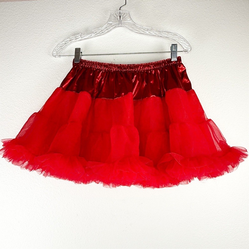 Red Tulle Tutu Skirt Metallic Elastic Waist Tiered Ruffle Mini Petticoat Costume